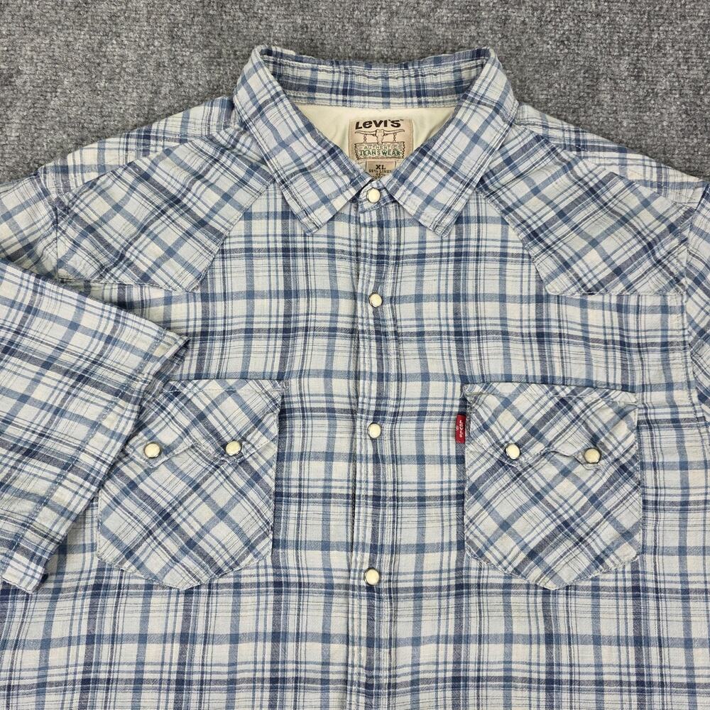 Levis Shirt Mens XL Blue Plaid Linen Blend Western Pearl Snap Short Sleeve Retro